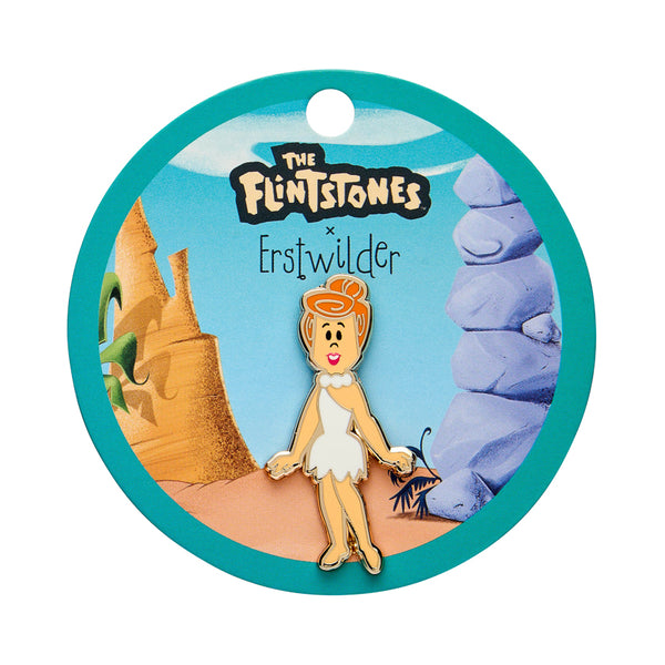 Flintstones cartoon character "Wilma Flintstone" enameled gold metal clutch back pin, shown on branded backer card packaging