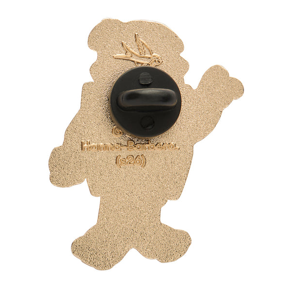 Flintstones cartoon character "Barney Rubble" enameled gold metal clutch back pin, showing back view with black rubber fastener