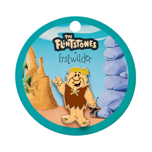 Flintstones cartoon character "Barney Rubble" enameled gold metal clutch back pin, shown on branded backer card packaging