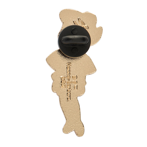 "Betty Rubble" enameled gold metal clutch back pin, showing back view with black rubber fastener