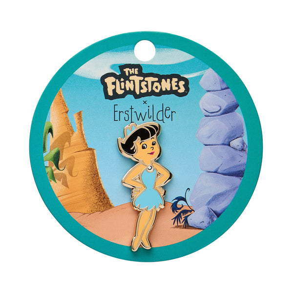 "Betty Rubble" enameled gold metal clutch back pin, shown on branded backer card packaging