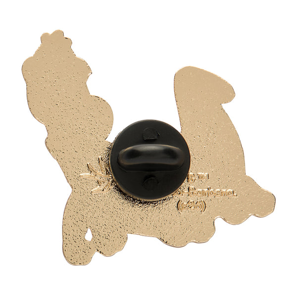 "Dino Flintstone" enameled gold metal clutch back pin, showing back view with black rubber fastener