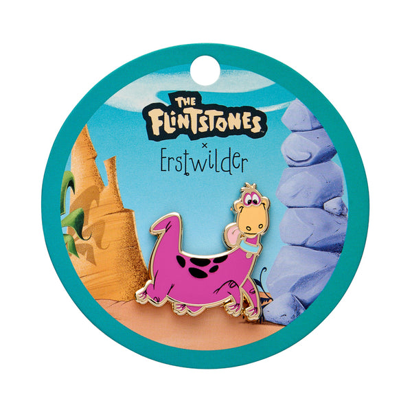 "Dino Flintstone" enameled gold metal clutch back pin, shown on branded backer card packaging