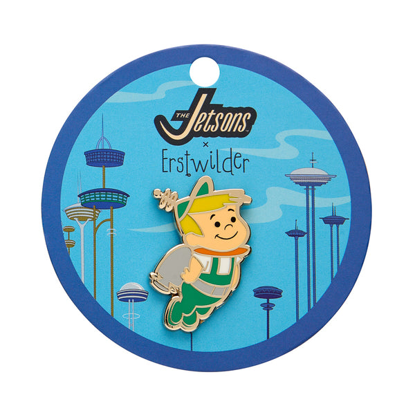 Jetsons cartoon character "Elroy Jetsont" enameled gold metal clutch back pin, shown on branded backer card packaging