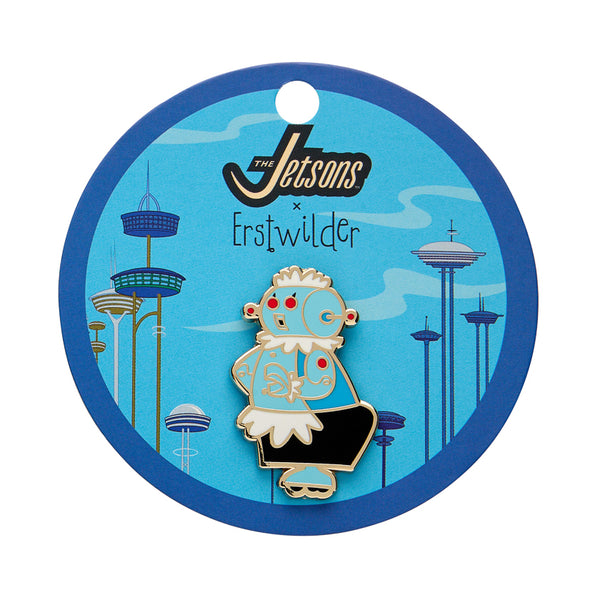 Jetsons cartoon character "Rosie the Robot" enameled gold metal clutch back pin, shown on branded backer card packaging