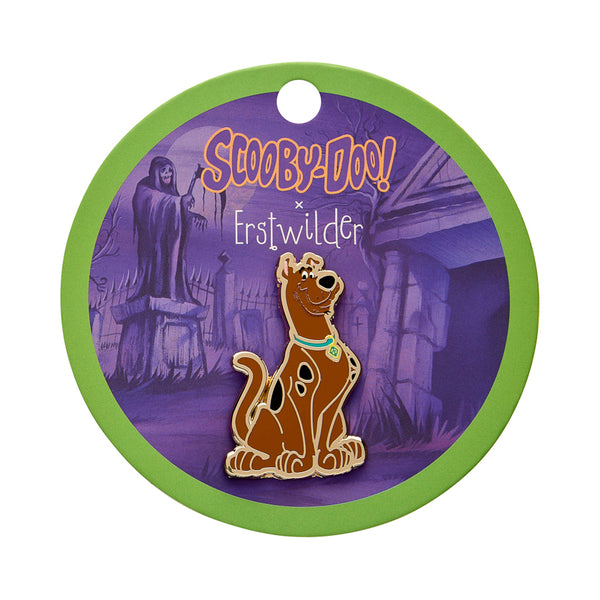 "Scooby Doo" enameled gold metal clutch back pin, shown on branded backer card packaging