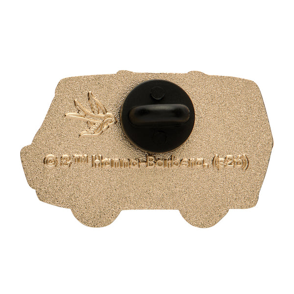 "The Mystery Machine" enameled gold metal clutch back pin, showing back view