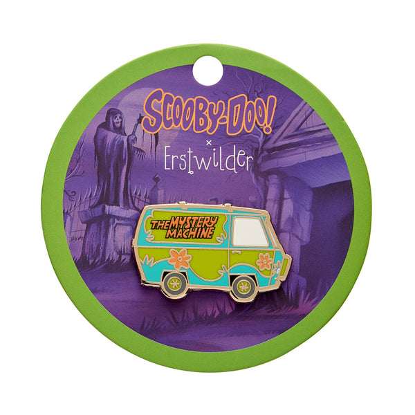 "The Mystery Machine" enameled gold metal clutch back pin, shown on illustrated backer card packaging