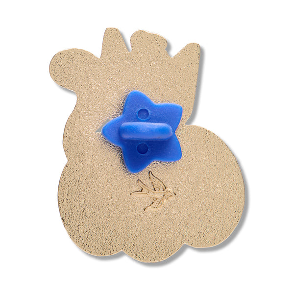back view of gold metal pumpkin shaped clutch back pin with blue rubber star-shaped fastener 