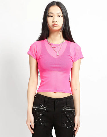 Short sleeved babydoll style fishnet shirt in neon pink, shown on model