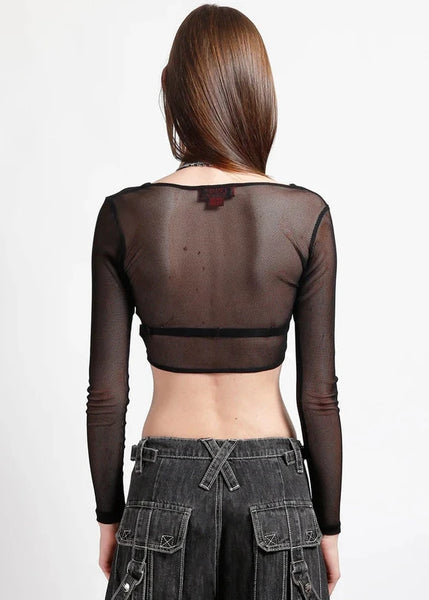 Model wearing a black sheer long-sleeve fishnet crop top and dark jeans on a white background. Shown from back