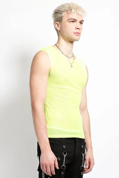 Sleeveless neon yellow fishnet top, shown on model