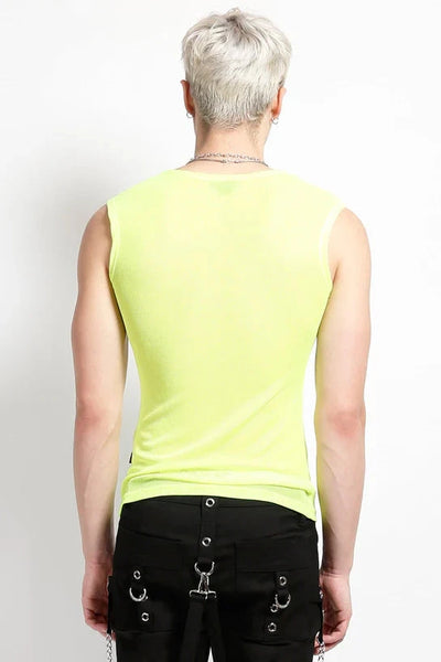 Sleeveless neon yellow fishnet top, shown back view on model