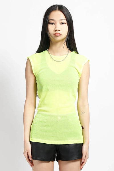 Sleeveless neon yellow fishnet top, shown on model