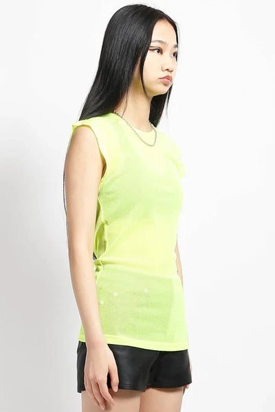 Sleeveless neon yellow fishnet top, shown on model