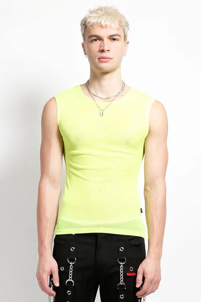 Sleeveless neon yellow fishnet top, shown on model