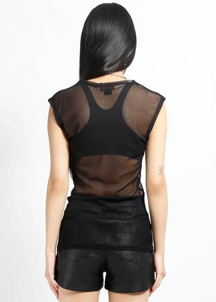 A model wearing a black sheer mesh sleeveless top with a crew neckline. Shown from back