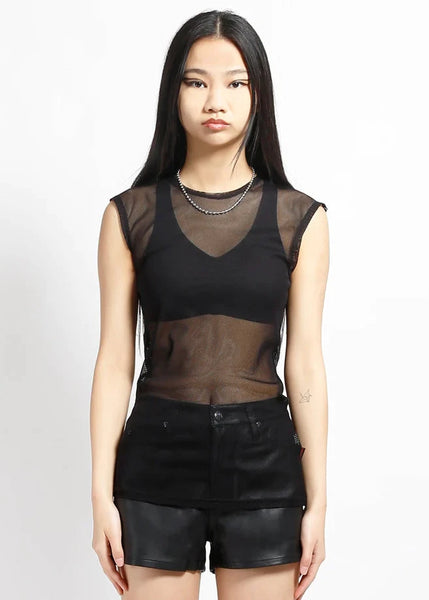 A model wearing a black sheer mesh sleeveless top with a crew neckline. Shown from front