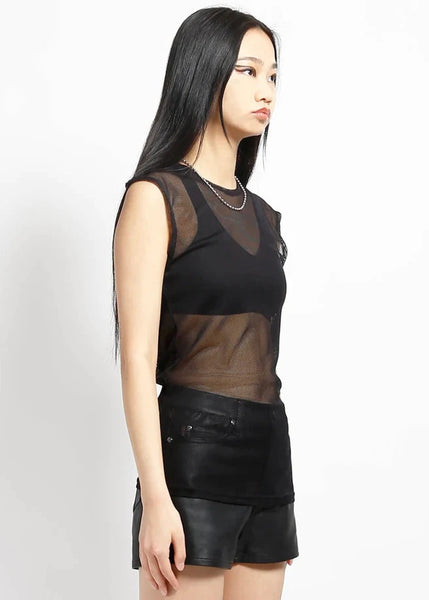 A model wearing a black sheer mesh sleeveless top with a crew neckline. Shown from side