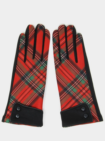 pair over the wrist length red, green, black, and white diagonal plaid thick flannel gloves with black knit reverse, super soft fleece lining, decorative black cuff with two buttons detail
