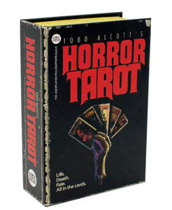 Horror imagery themed tarot deck, showing its illustrated book-shaped box