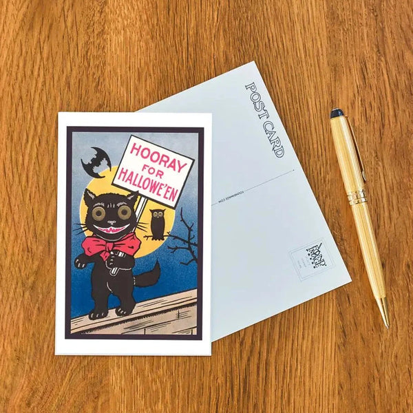 Halloween-themed postcard with a black cat and owl on a wooden surface with a pen.
