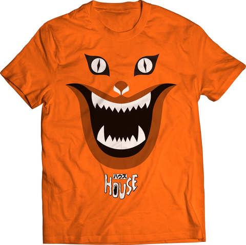 Orange t-shirt with a graphic of a cat's face and the word 'HOUSE' on a white background