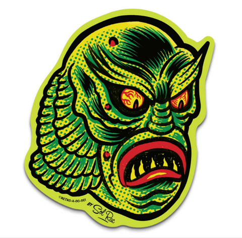 neon green Creature from the Black Lagoon face with green Ben Day dot detail  on green background die-cut vinyl sticker