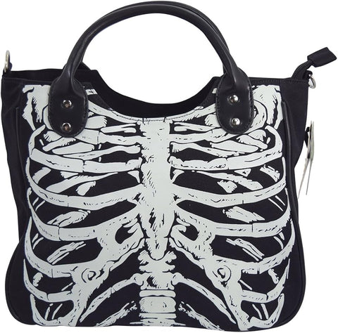 Black canvas tote style purse with a white skeleton rib cage design on the body of the bag. Black faux leather handle strap shown