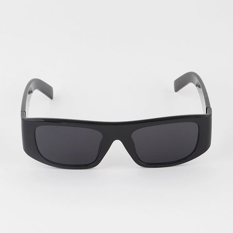 Shiny black rectangular wrap-around sunglasses with black lenses. Shown from front