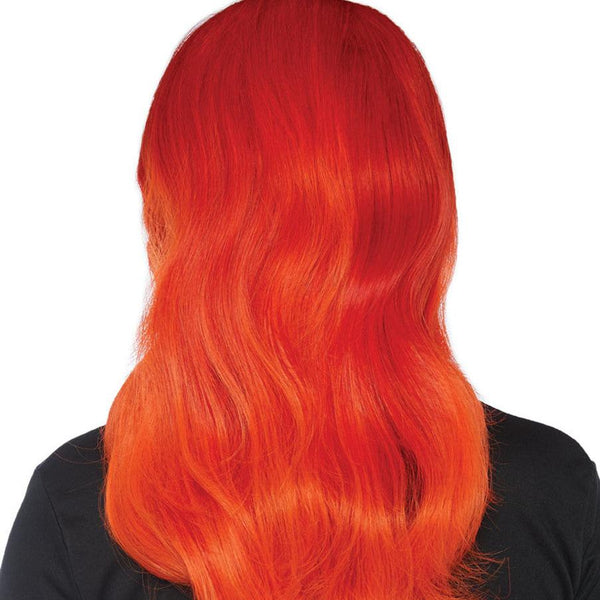 Model wearing center part wavy 27” long red wig with fiery orange ombré ends. Shown from back