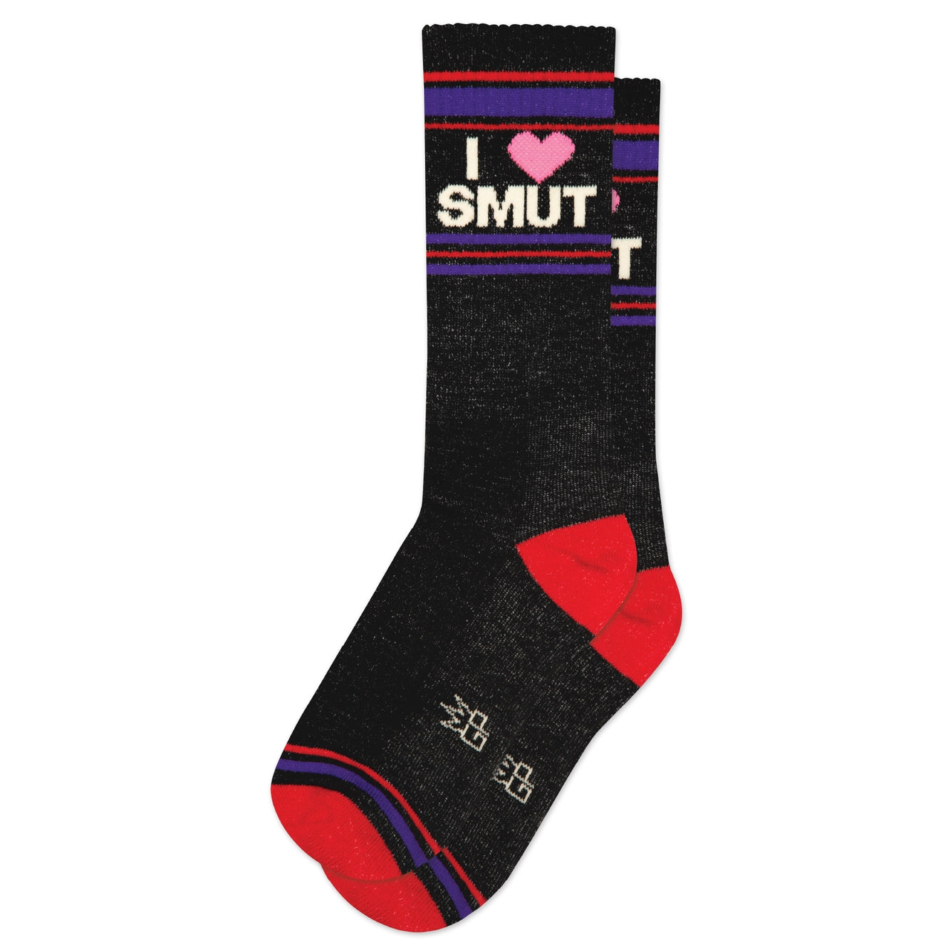 “I ❤️ SMUT” heathered black gym style socks with red and purple stripes at the cuffs, toes, and heels. Shown on white background