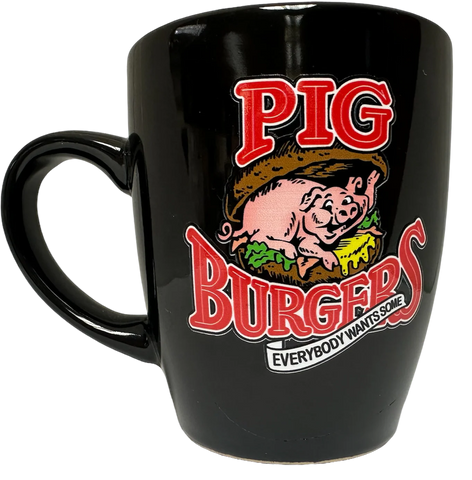 Black mug with a colorful graphic of a pig inside of a burger bun and the text “Pig Burgers” in red and white with “Everybody Wants Some” in white and black