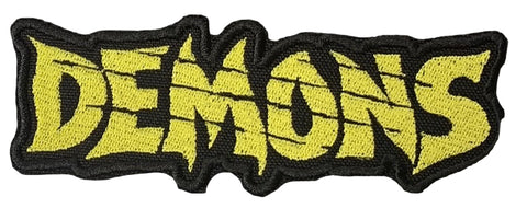 Embroidered patch with 'DEMONS' text in yellow on a black background