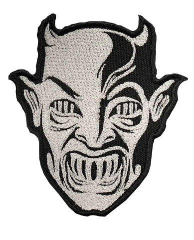 Silver and black canvas embroidered patch of metal mask from 1985 movie Demons