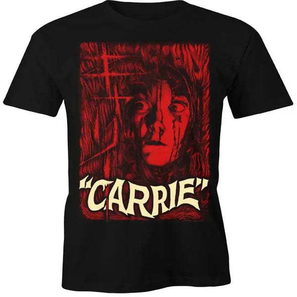 Black t-shirt with graphic design featuring illustration of Sissy Spacek’s character in red and yellow “Carrie” text