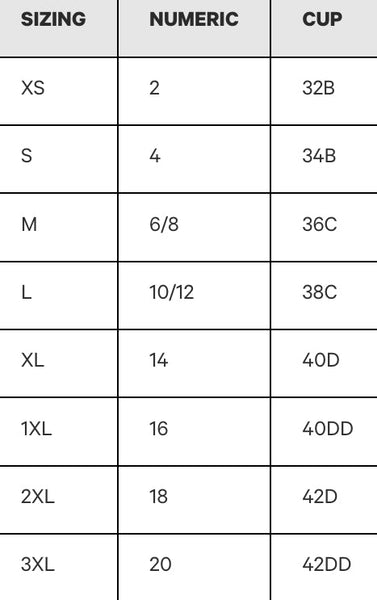 Corresponding cup size chart