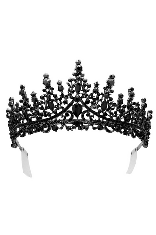 gunmetal colored tiara dripping with various sizes of faceted black jewels