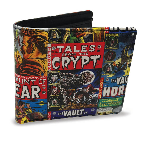 black faux leather billfold style wallet with a full color all-over exterior printed pattern of covers of vintage issues of EC Comics’ Tales from the Crypt. Shown closed from the front