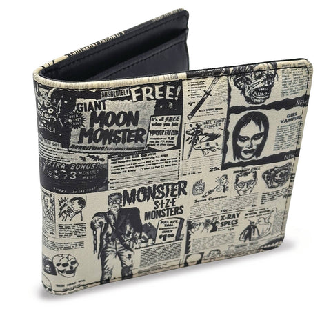 black faux leather billfold style wallet with an all-over exterior printed pattern of vintage ads from the back of comic books. Shown closed from the front 