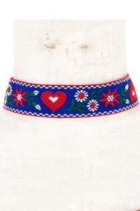 fabric choker in a red, white, and blue pattern of hearts and daisies with a white and red checkered border