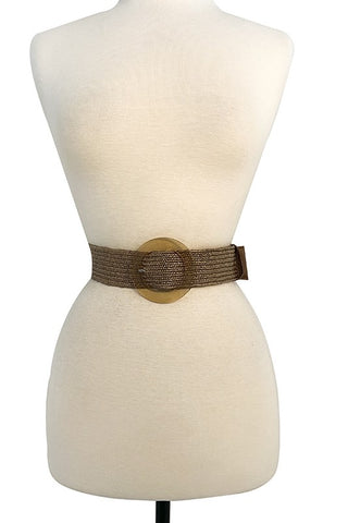 2” wide woven stretch belt in classic brown with matching color circular acetate buckle and a faux leather keeper