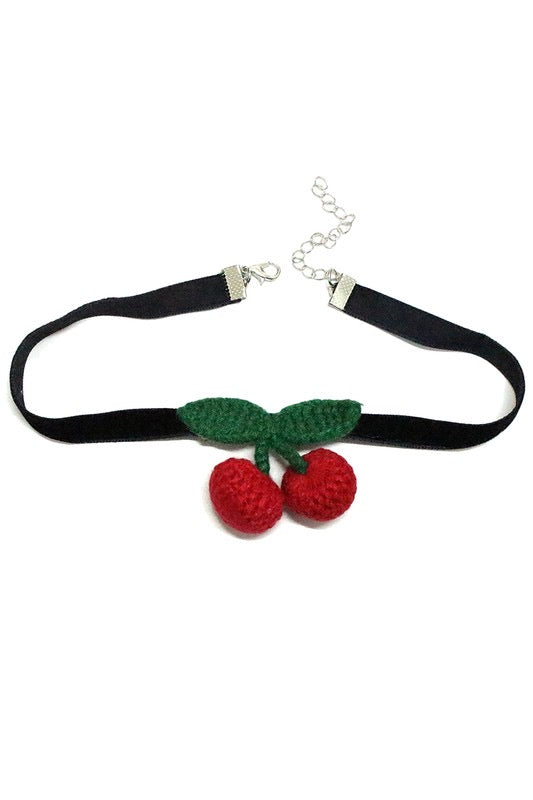black velvet ribbon choker with a red and green crocheted cherry decoration and silver metal lobster clasp closure