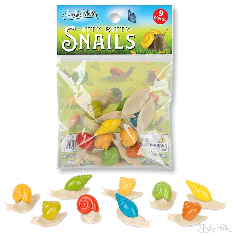 A bag of red, green, yellow, blue, and orange soft vinyl snails, in three different poses