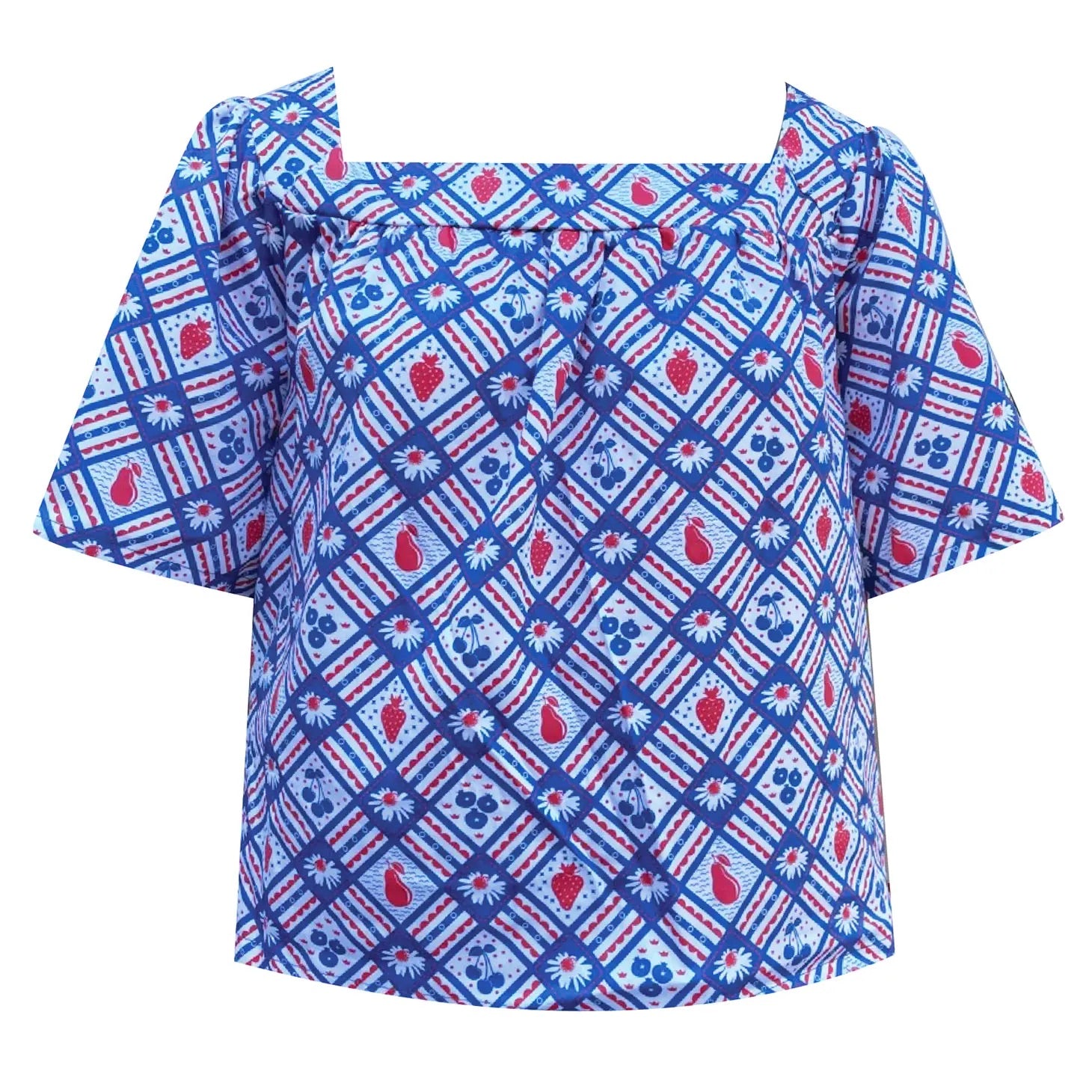 A square necked and bell sleeved peasant style top with an all-over checkered pattern of daisies, strawberries, cherries, blueberries, and pears. Seen untucked