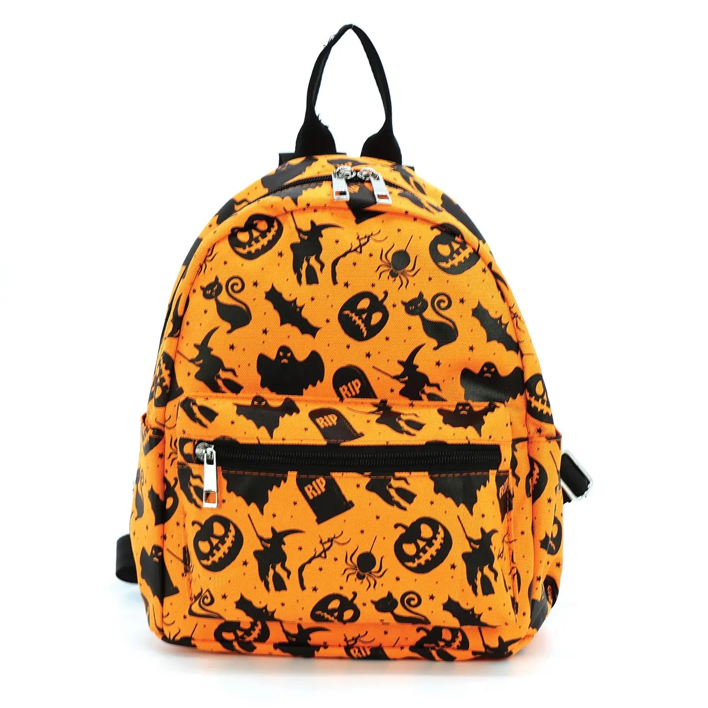 An orange mini backpack with an all-over Halloween pattern- tombstones, witches, spiders, black cats, ghosts, and tombstones printed in black. Seen from the front 