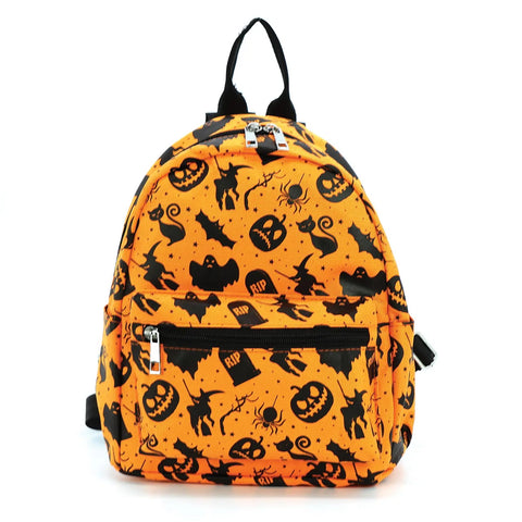 An orange mini backpack with an all-over Halloween pattern- tombstones, witches, spiders, black cats, ghosts, and tombstones printed in black. Seen from the front 