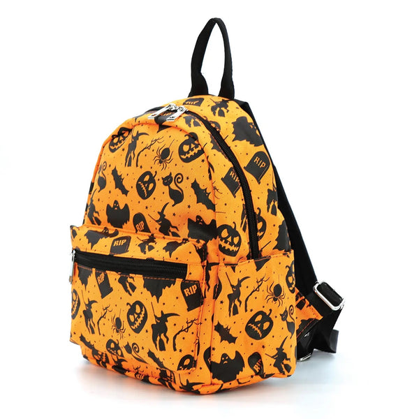 An orange mini backpack with an all-over Halloween pattern- tombstones, witches, spiders, black cats, ghosts, and tombstones printed in black. Seen from a 3/4 angle