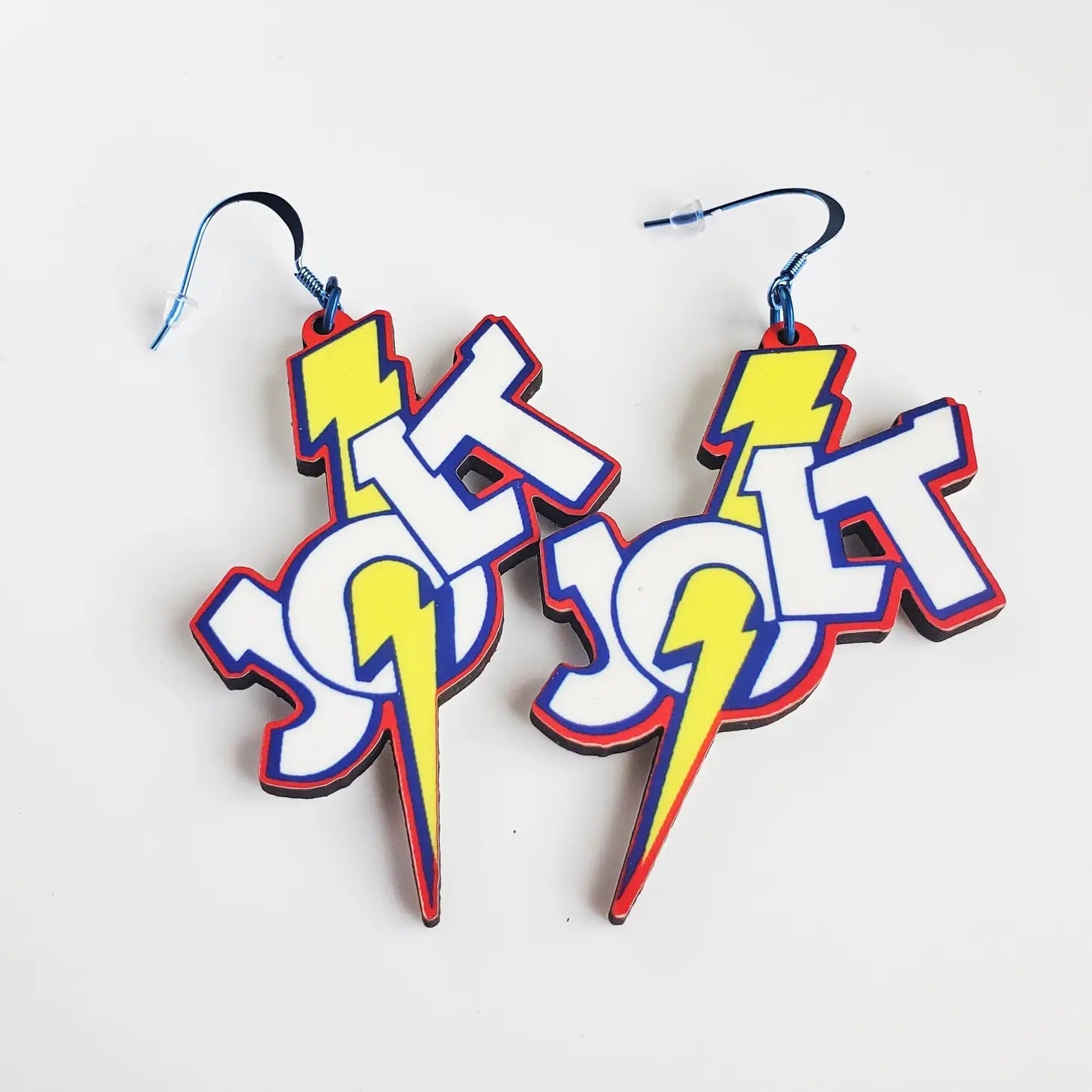 A pair of dangle earrings in the shape of the Jolt Cola logo