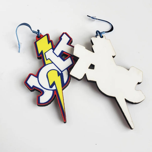 A pair of dangle earrings in the shape of the Jolt Cola logo. One earring is backwards to show the blank side